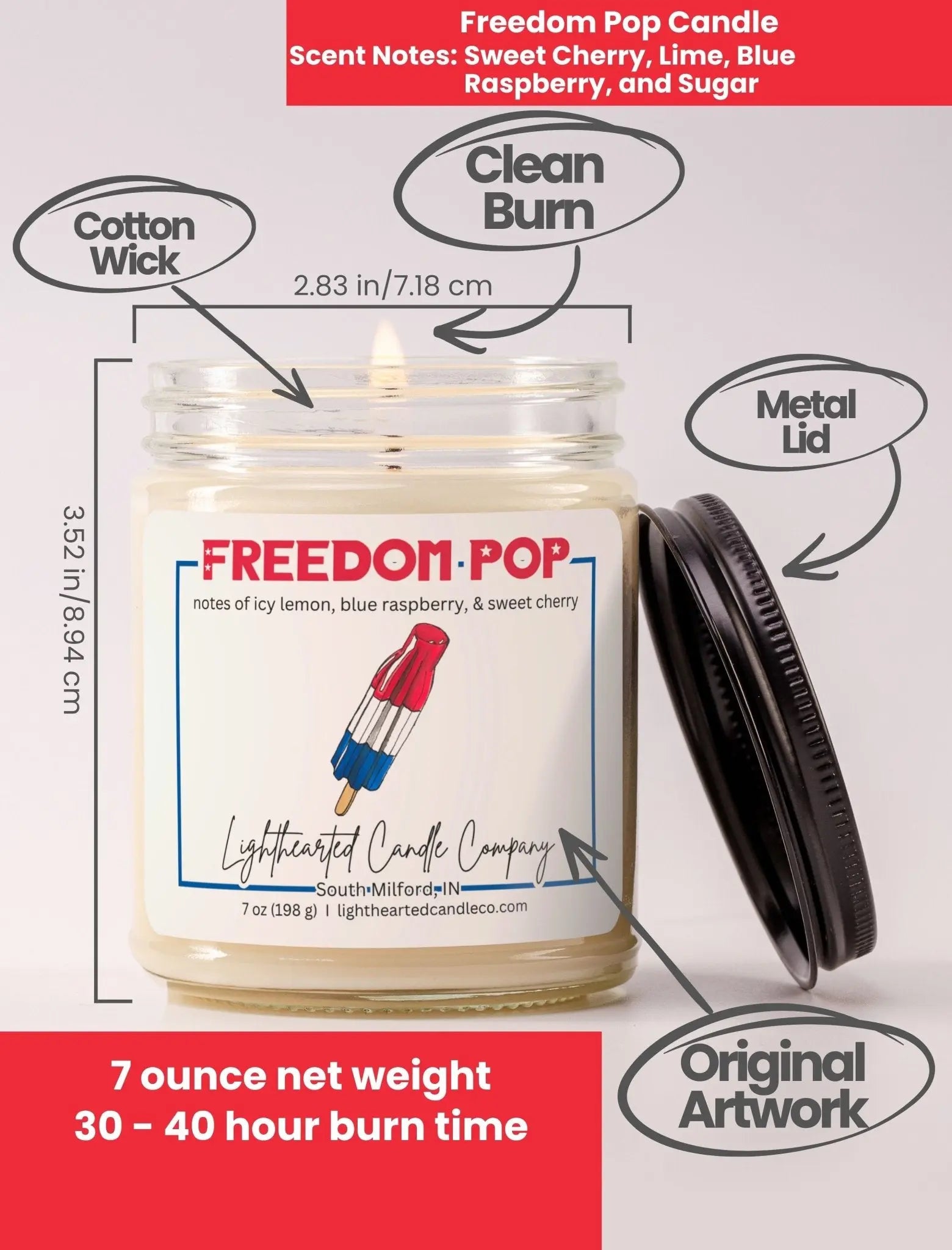 Freedom Pop Candle specs: 7 oz, cotton wick, metal lid, original art and 30–40 hour burn
