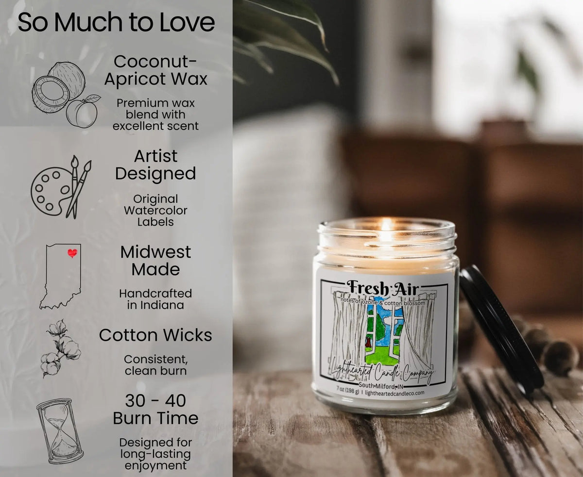 Fresh Air Candle features: coconut-apricot wax, cotton wick, original art, Midwest made and 30–40 hour burn
