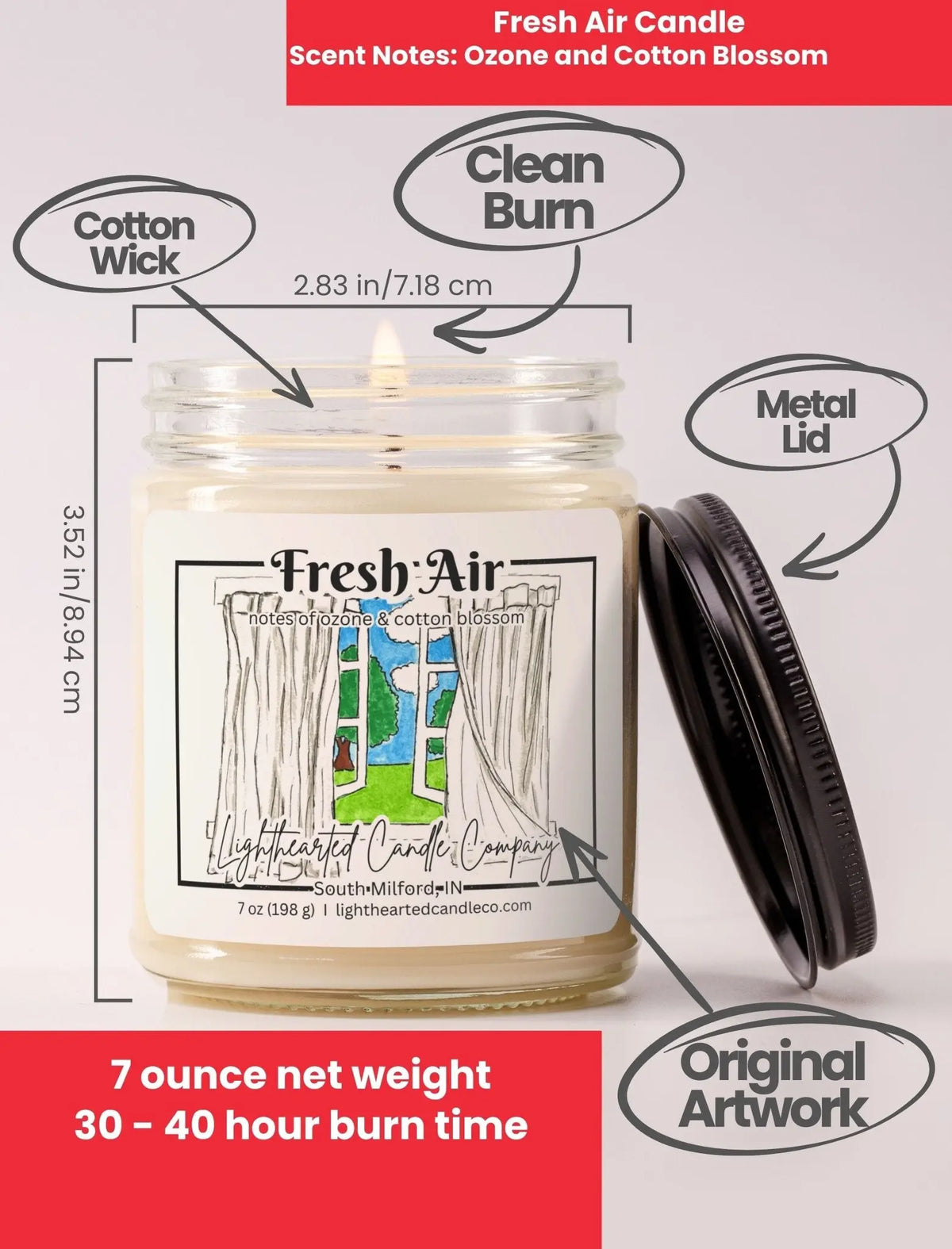 Fresh Air Candle specs: 7 oz, cotton wick, metal lid, original art and 30–40 hour burn