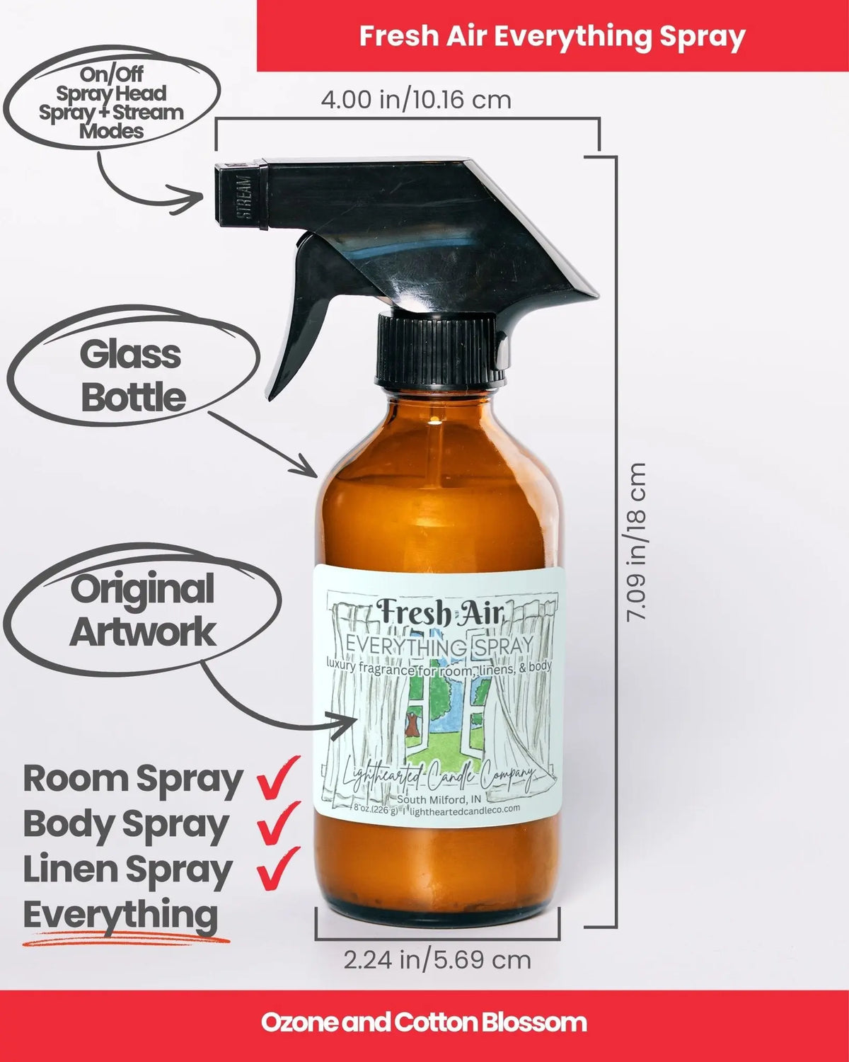 Fresh Air Everything Spray specs: 8 oz amber glass bottle and fine-mist sprayer for room, body and linen
