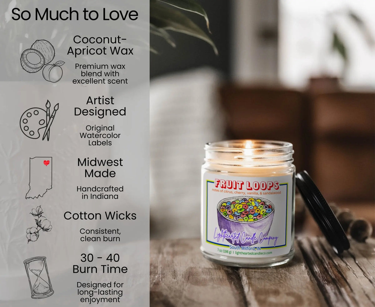 Fruit Loops Candle features: coconut-apricot wax, cotton wick, original art, Midwest made and 30–40 hour burn