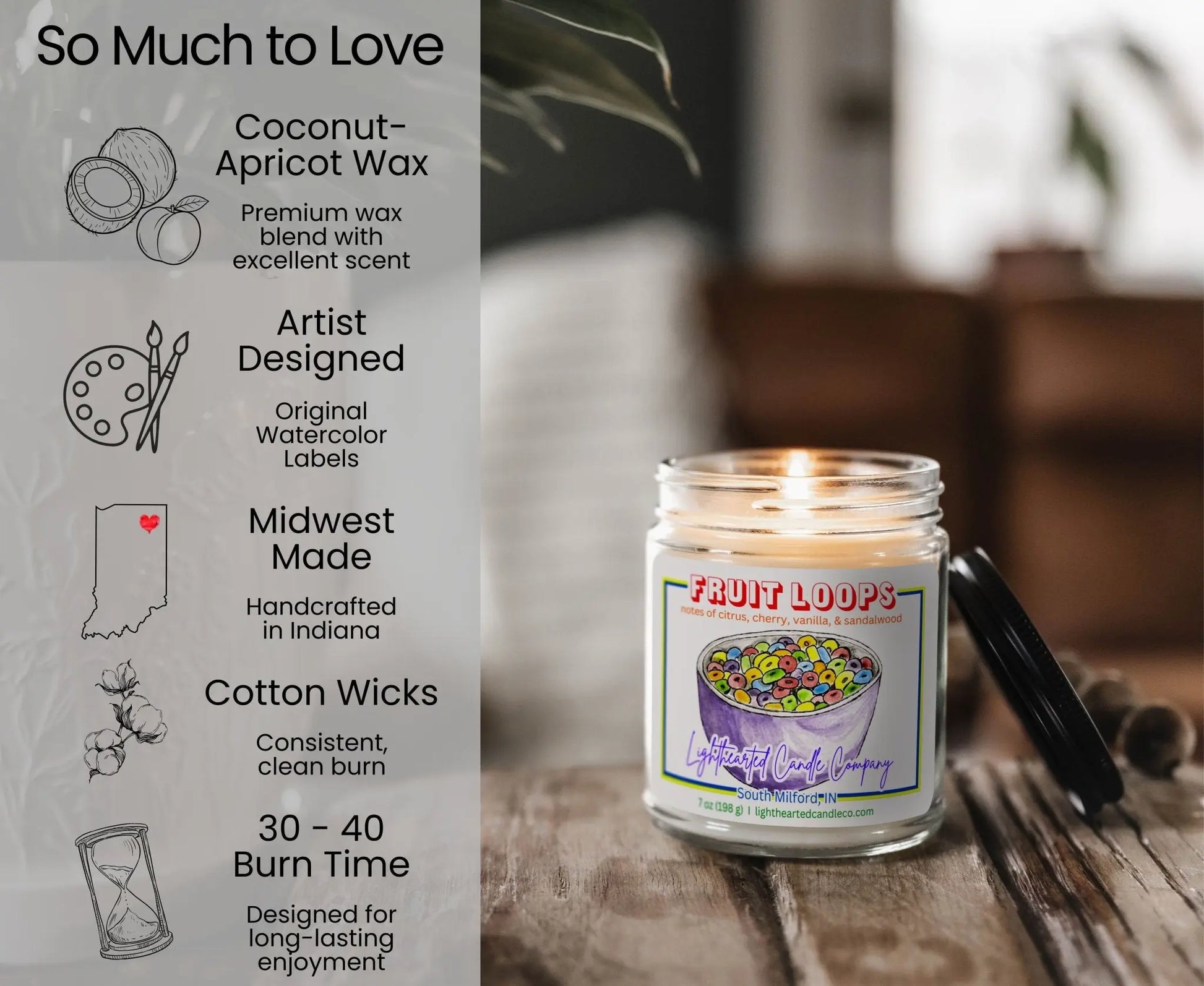 Fruit Loops Candle features: coconut-apricot wax, cotton wick, original art, Midwest made and 30–40 hour burn