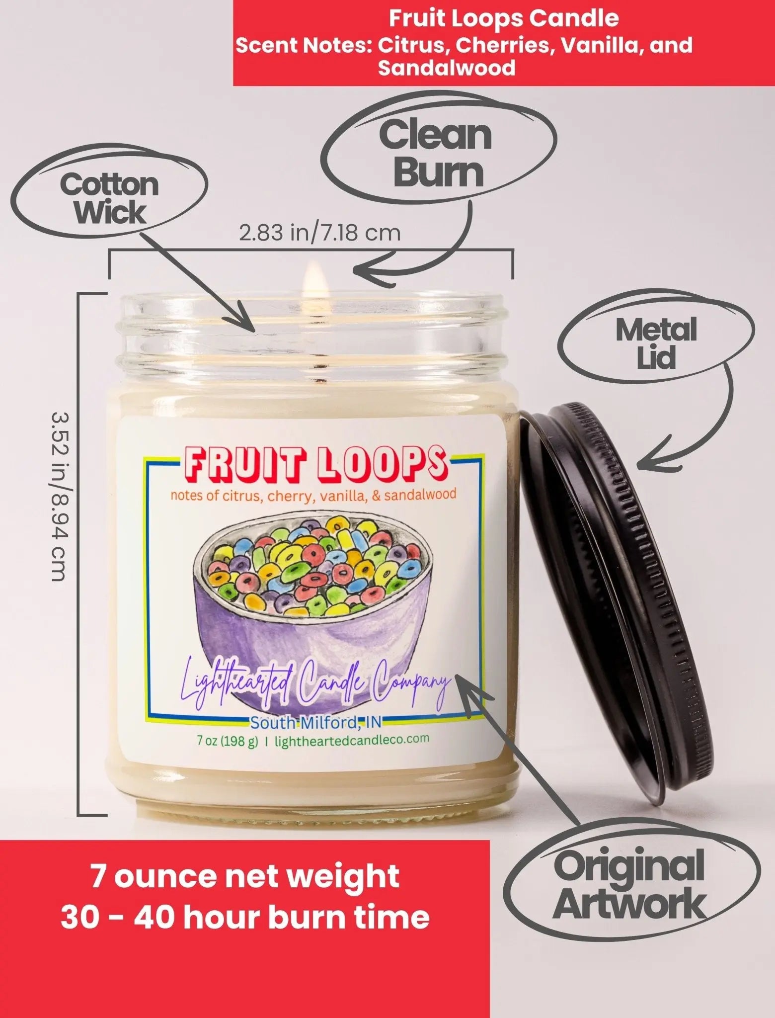 Fruit Loops Candle specs: 7 oz, cotton wick, metal lid, original art and 30–40 hour burn