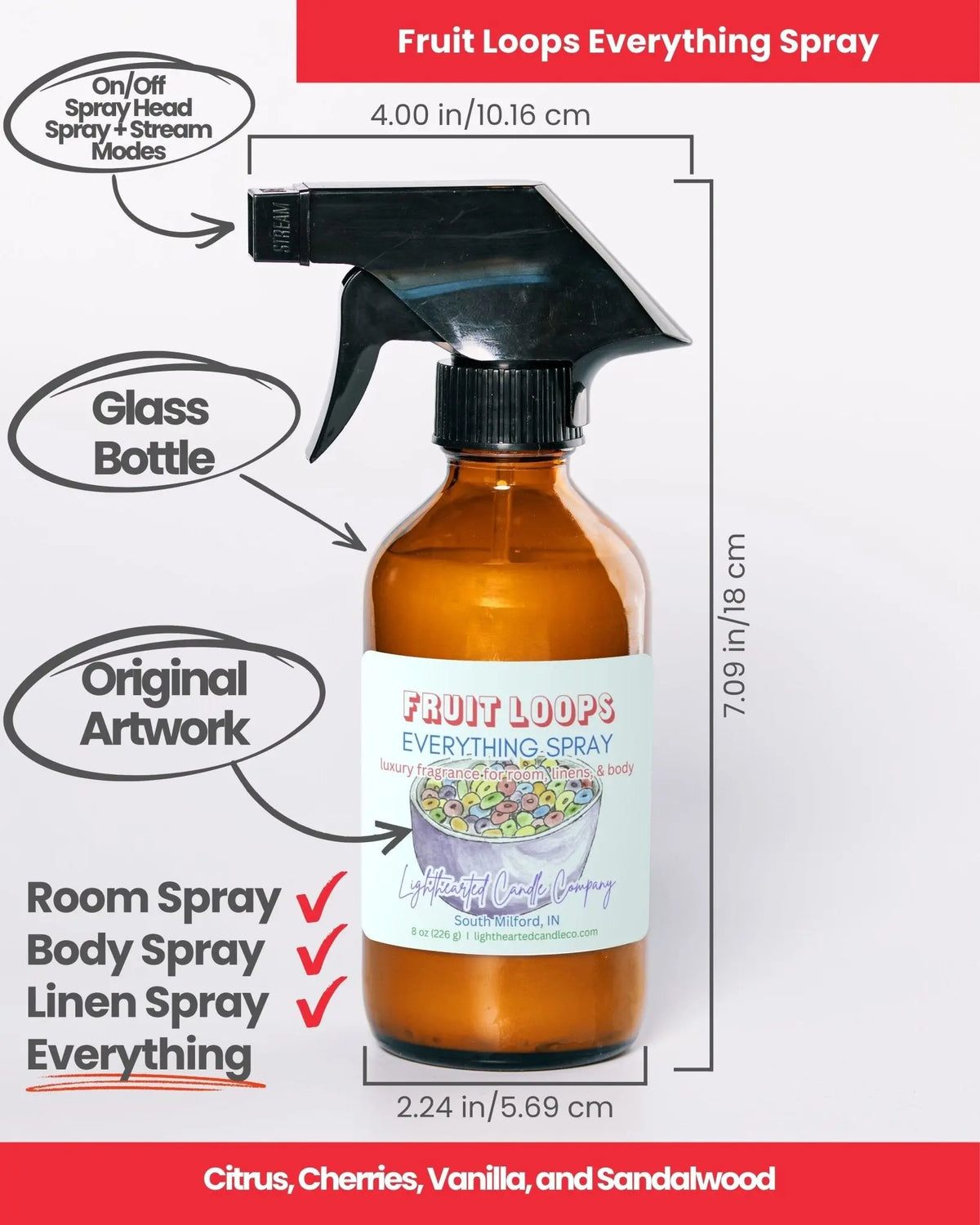 Fruit Loops Everything Spray specs: 8 oz amber glass bottle and fine-mist sprayer for room, body and linen