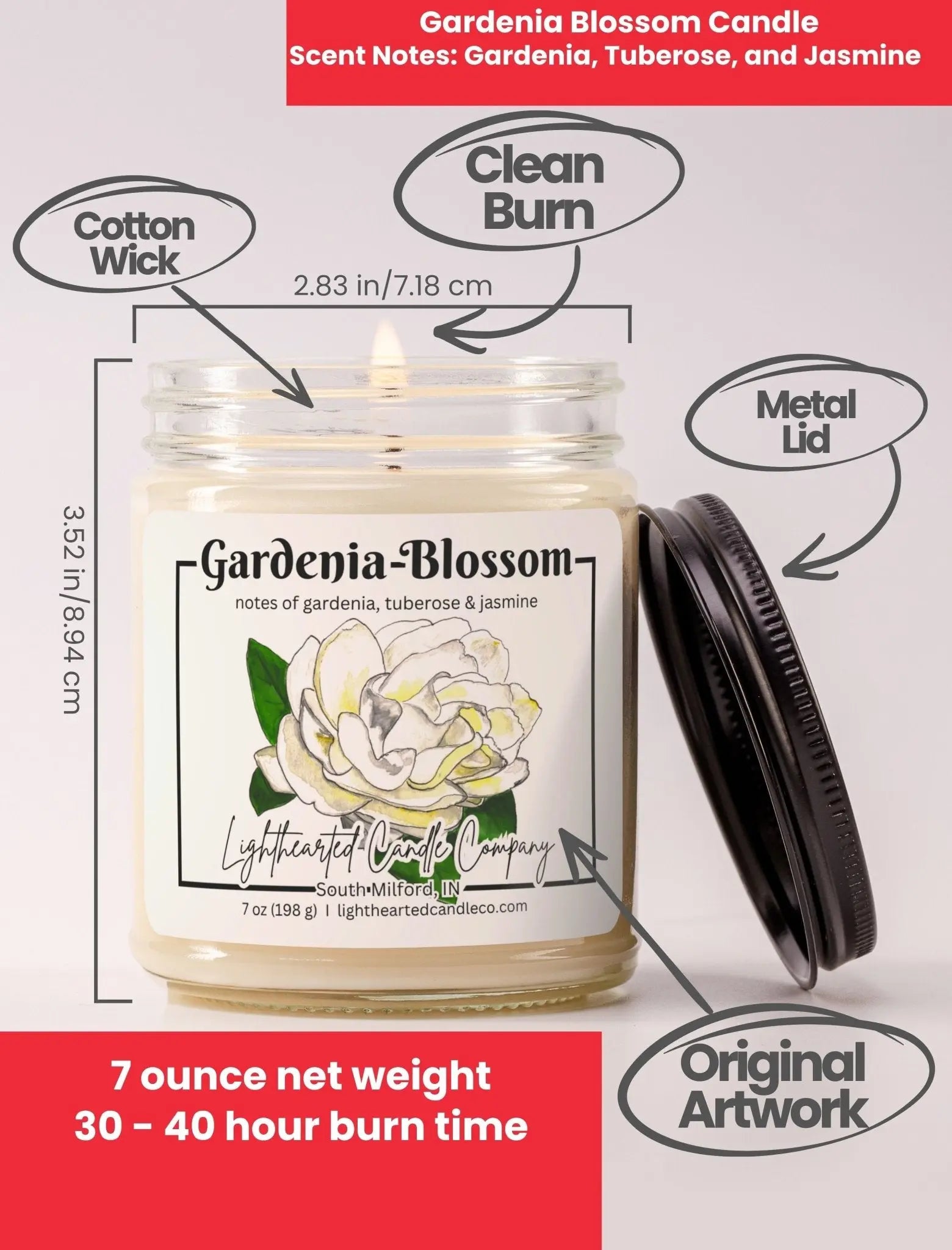 Gardenia Blossom Candle specs: 7 oz, cotton wick, metal lid, original art and 30–40 hour burn