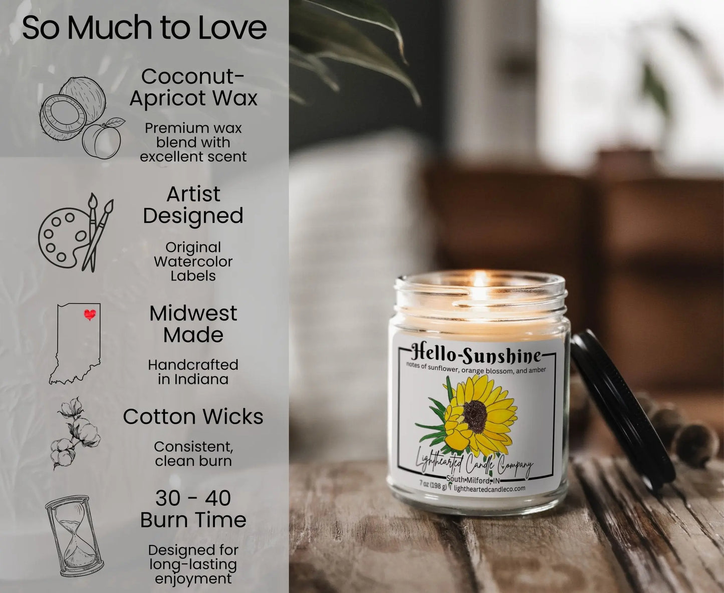 Hello Sunshine Candle features: coconut-apricot wax, cotton wick, original art, Midwest made and 30–40 hour burn