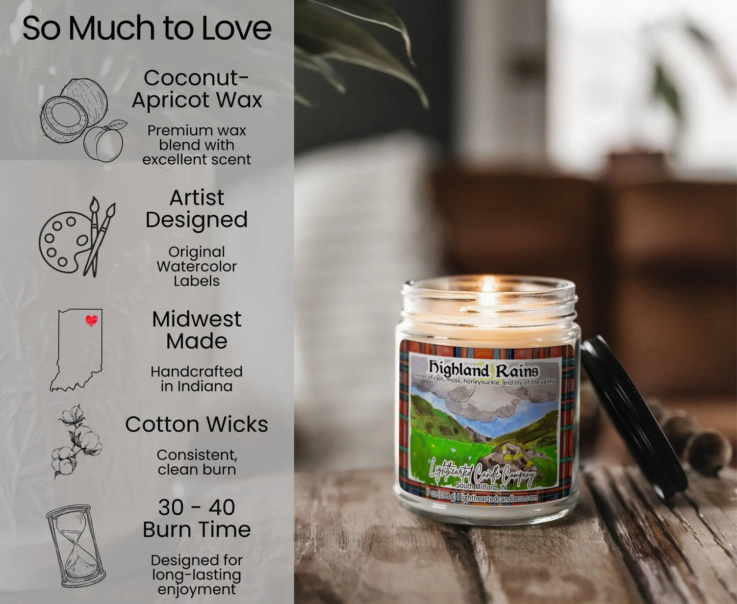 Highland Rains Candle features: coconut-apricot wax, cotton wick, original art, Midwest made and 30–40 hour burn
