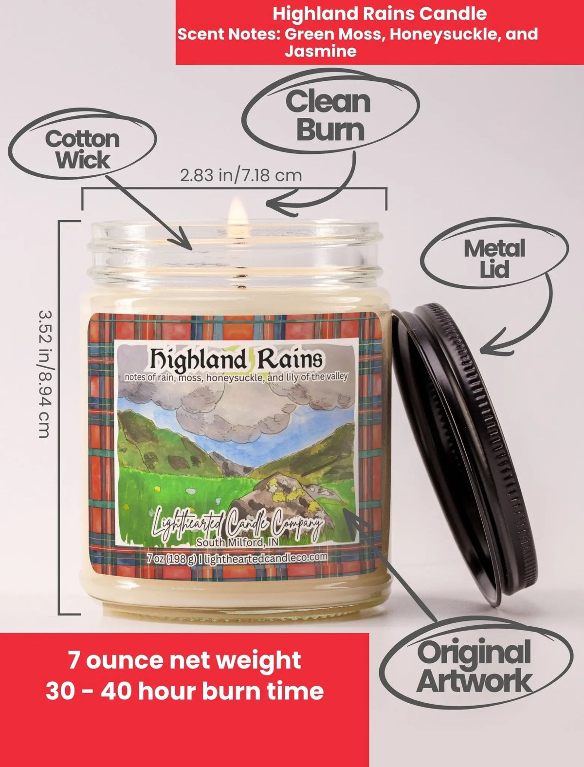 Highland Rains Candle specs: 7 oz, cotton wick, metal lid, original art and 30–40 hour burn
