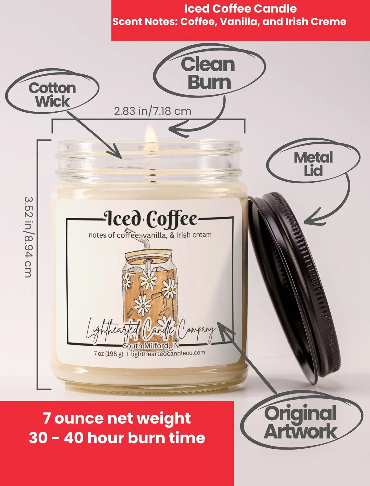 Iced Coffee Candle specs: 7 oz, cotton wick, metal lid, original art and 30–40 hour burn