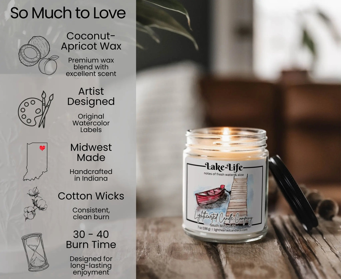 Lake Life Candle features: coconut-apricot wax, cotton wick, original art, Midwest made and 30–40 hour burn