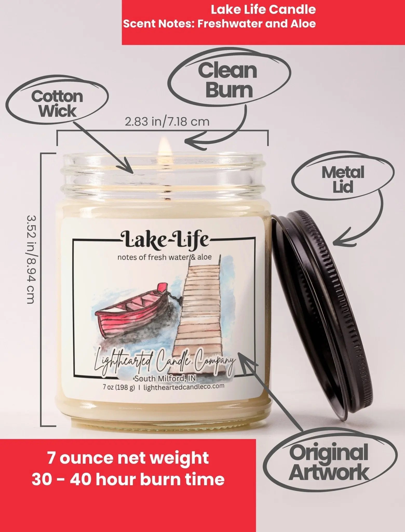 Lake Life Candle specs: 7 oz, cotton wick, metal lid, original art and 30–40 hour burn