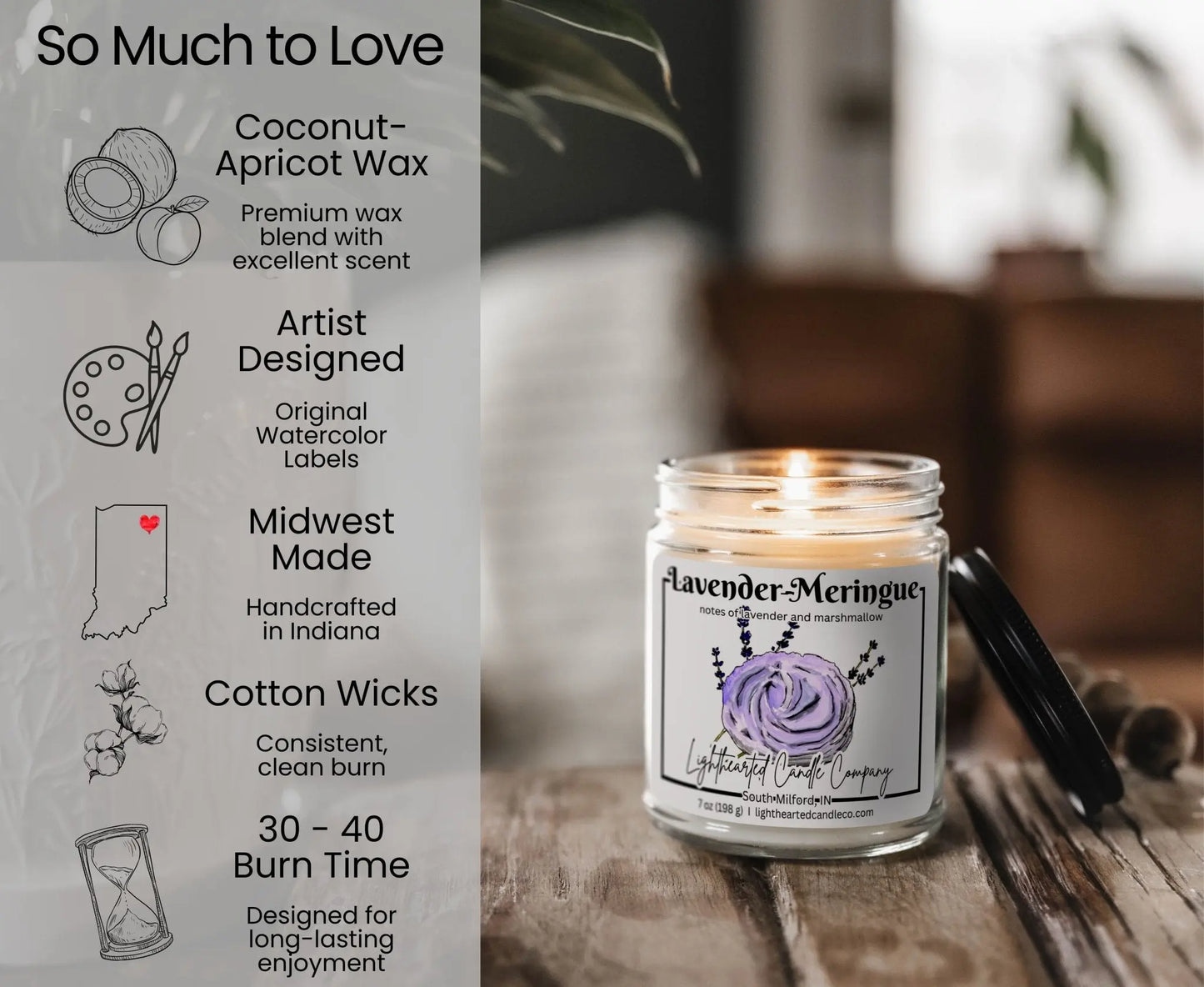 Lavender Meringue Candle features: coconut-apricot wax, cotton wick, original art, Midwest made and 30–40 hour burn