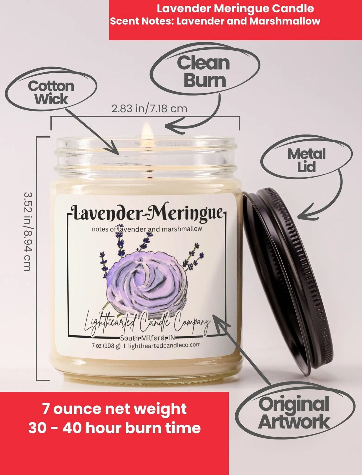 Lavender Meringue Candle specs: 7 oz, cotton wick, metal lid, original art and 30–40 hour burn