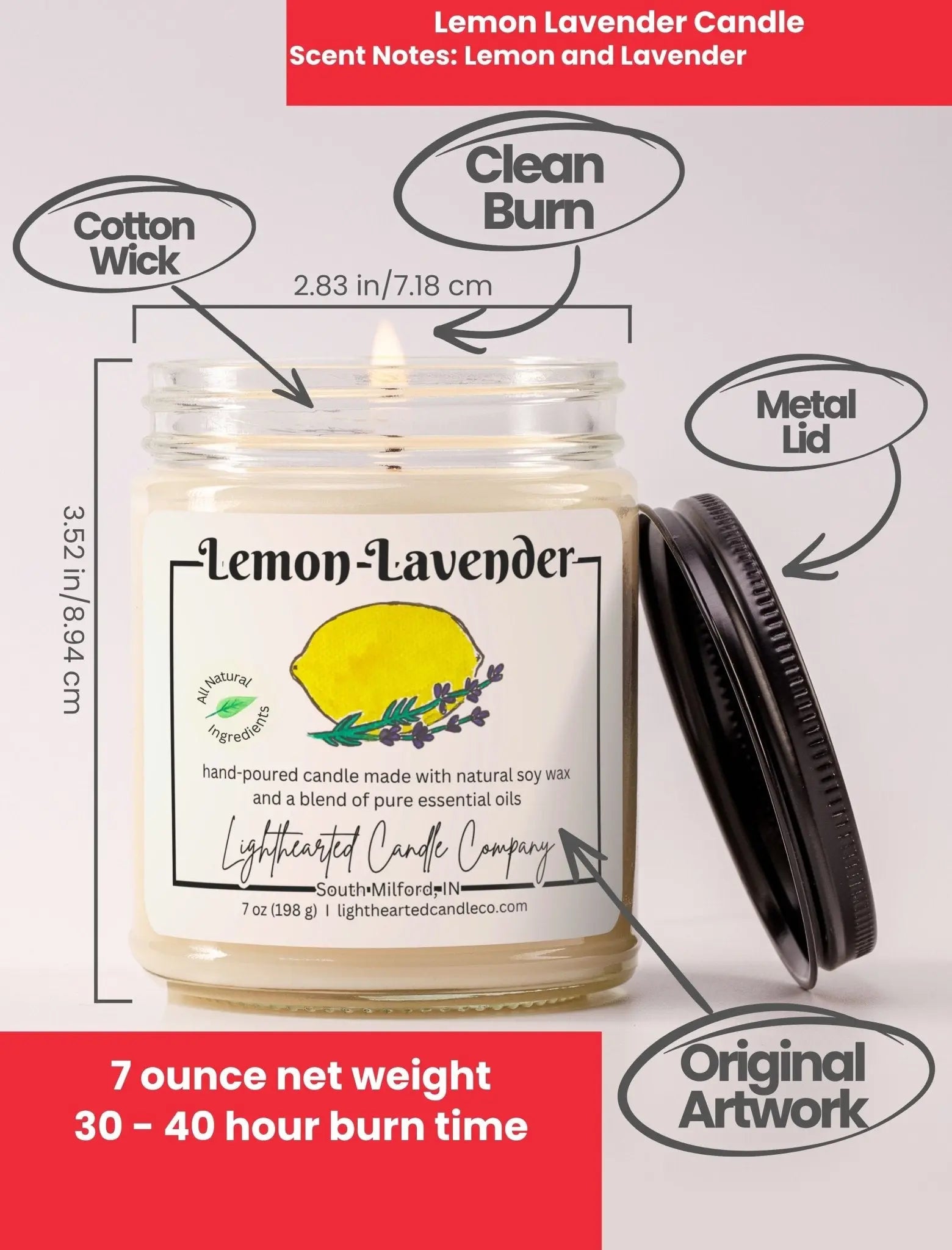 Lemon Lavender Essential Oil Candle specs: 7 oz, cotton wick, metal lid, original art and 30–40 hour burn