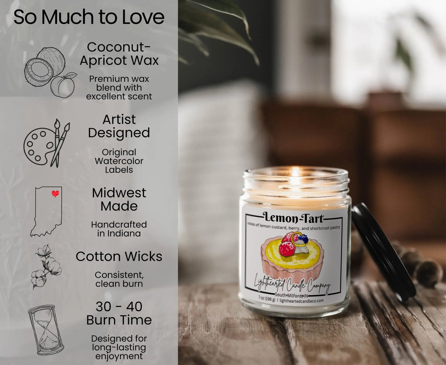 Lemon Tart Candle features: coconut-apricot wax, cotton wick, original art, Midwest made and 30–40 hour burn