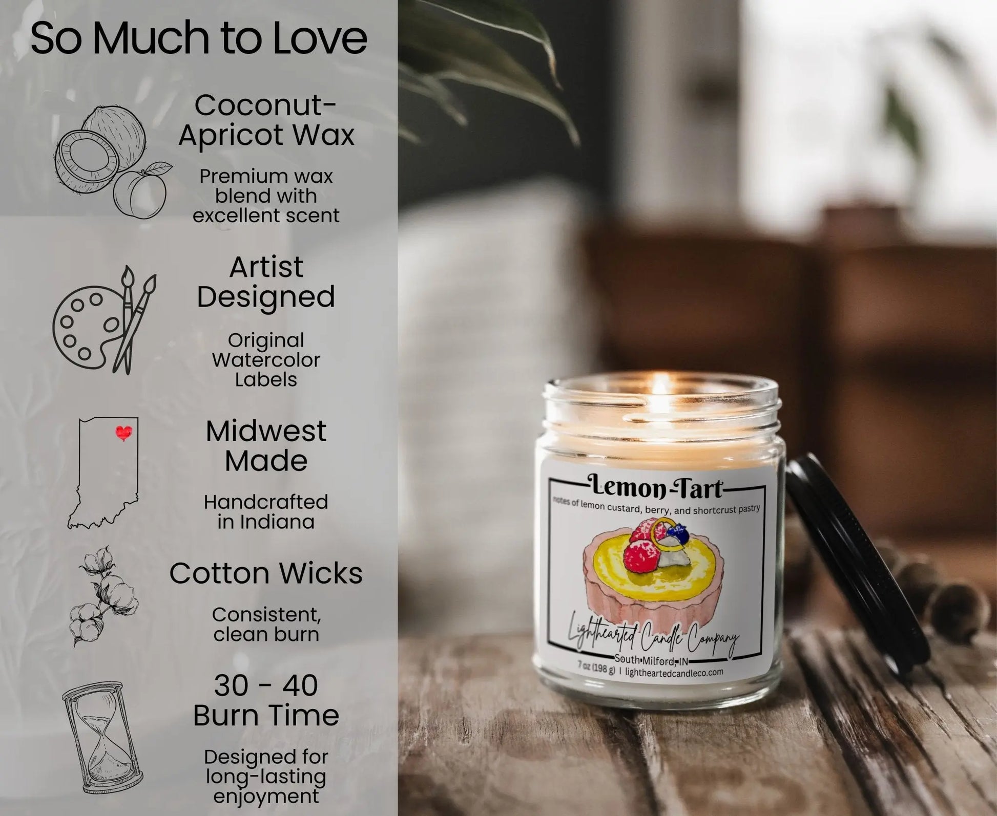 Lemon Tart Candle features: coconut-apricot wax, cotton wick, original art, Midwest made and 30–40 hour burn