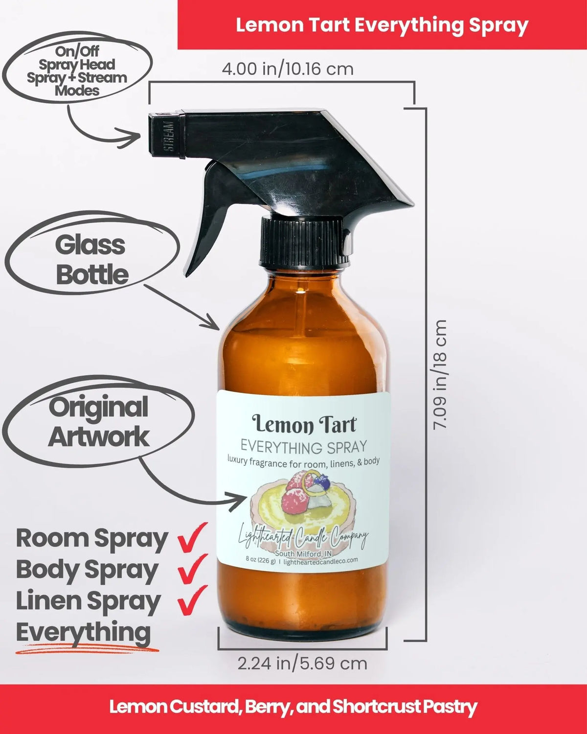 Lemon Tart Everything Spray specs: 8 oz amber glass bottle and fine-mist sprayer for room, body and linen