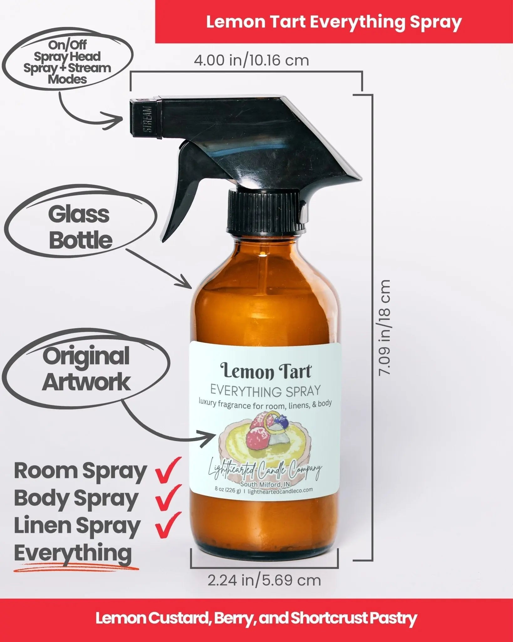 Lemon Tart Everything Spray specs: 8 oz amber glass bottle and fine-mist sprayer for room, body and linen