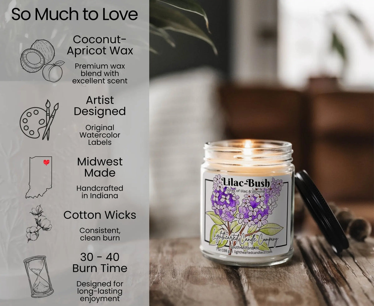 Lilac Bush Candle features: coconut-apricot wax, cotton wick, original art, Midwest made and 30–40 hour burn