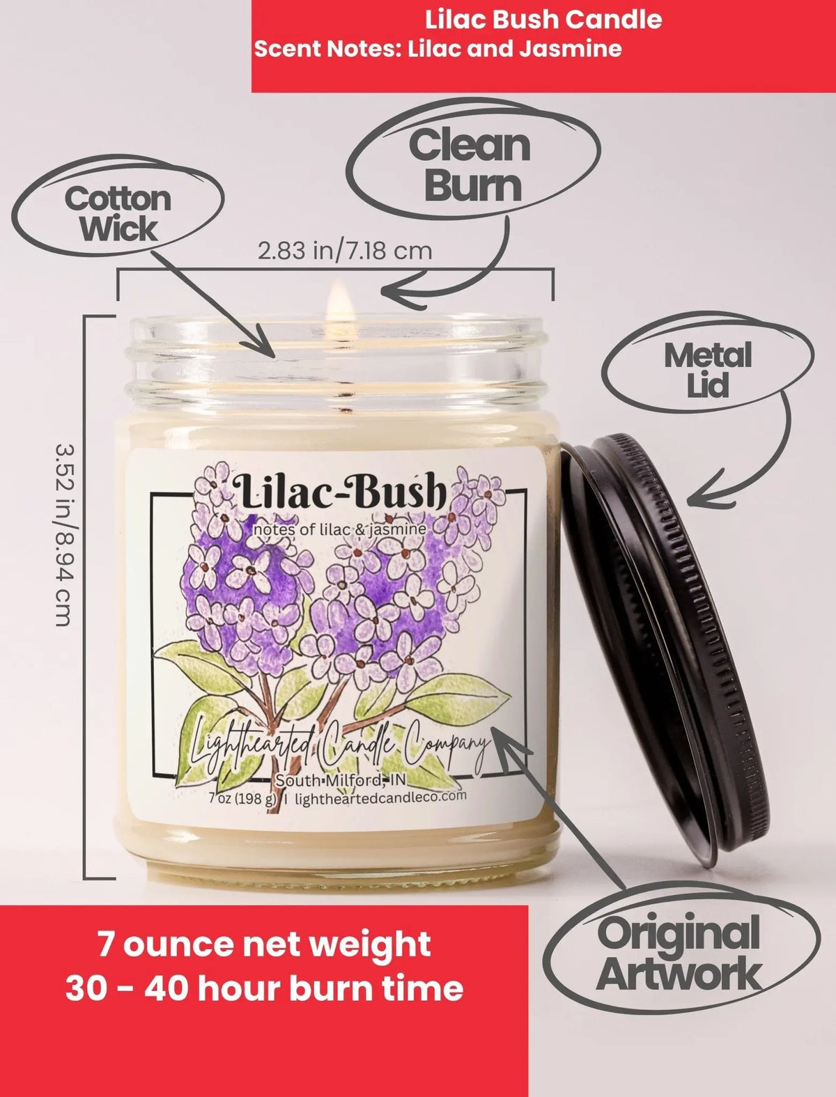 Lilac Bush Candle specs: 7 oz, cotton wick, metal lid, original art and 30–40 hour burn