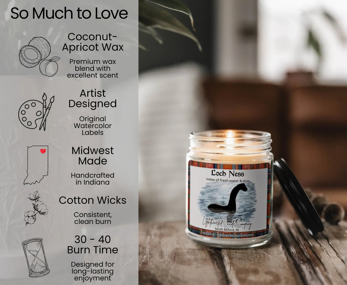 Loch Ness Candle features: coconut-apricot wax, cotton wick, original art, Midwest made and 30–40 hour burn
