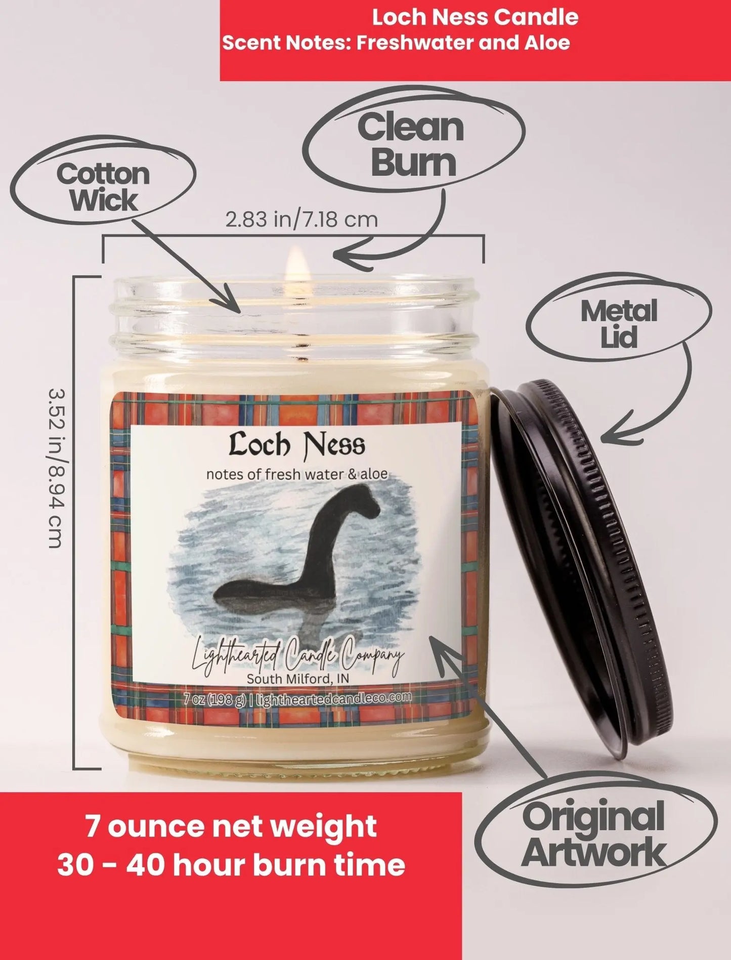 Loch Ness Candle specs: 7 oz, cotton wick, metal lid, original art and 30–40 hour burn