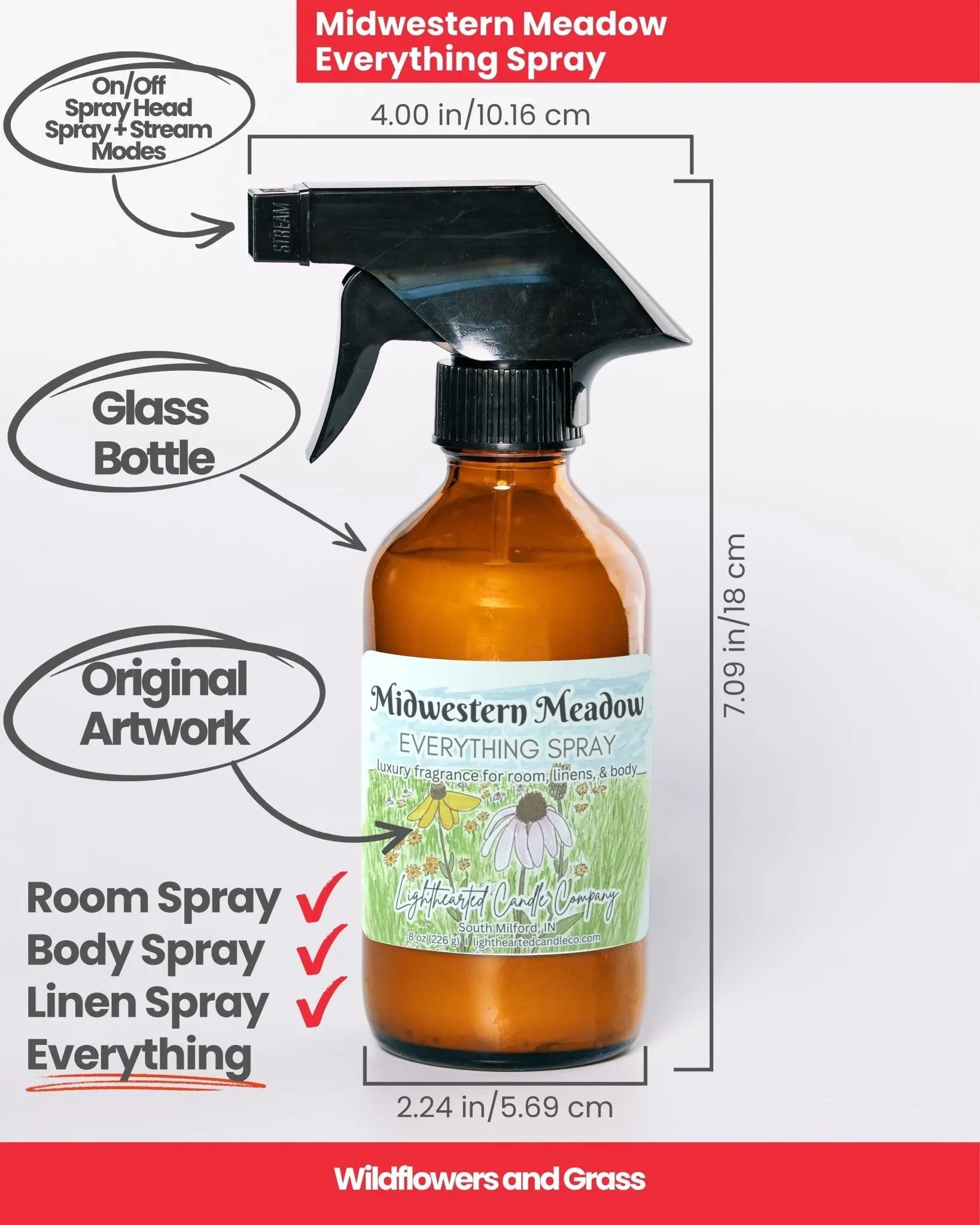 Midwestern Meadow Everything Spray specs: 8 oz amber glass bottle and fine-mist sprayer for room, body and linen
