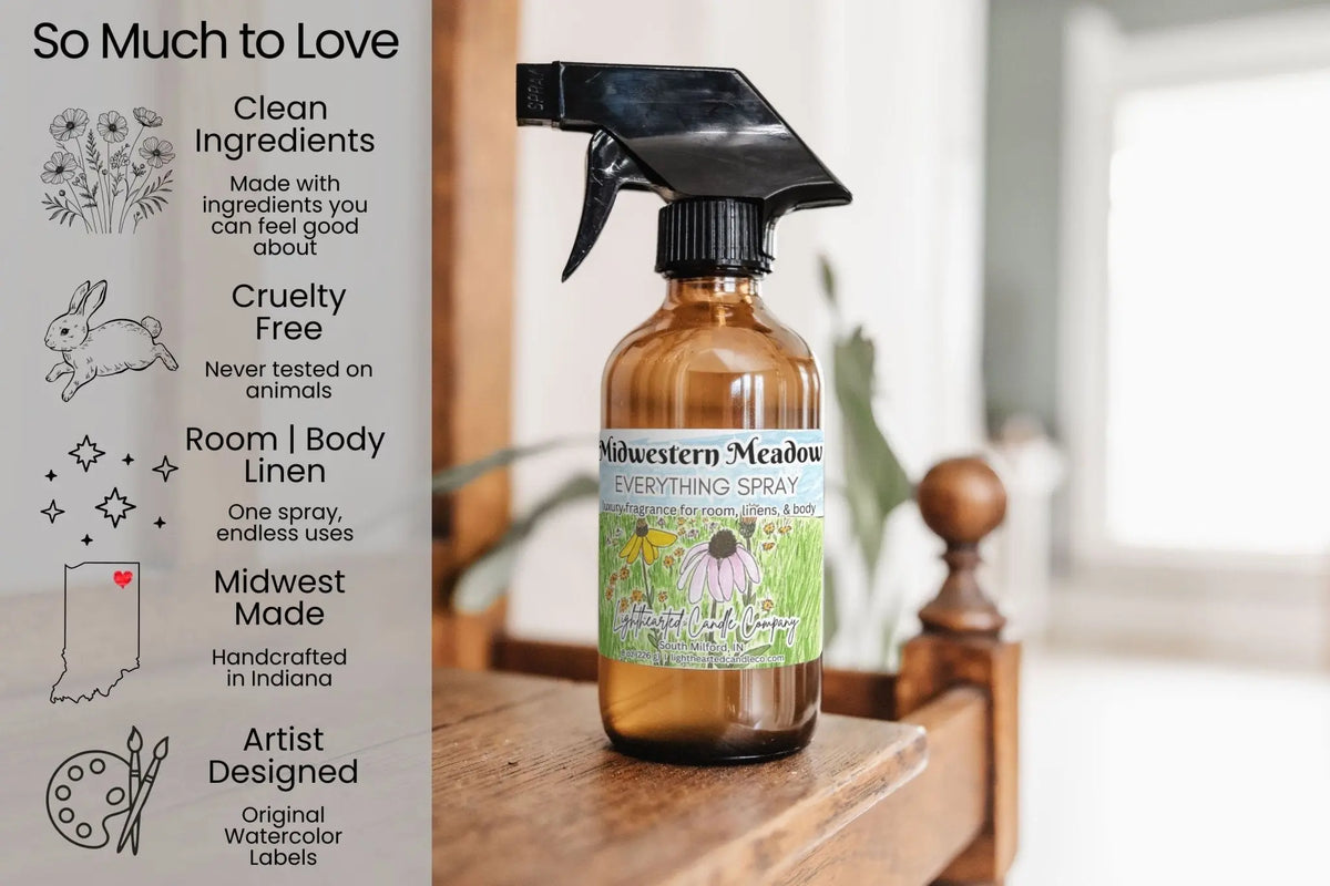Midwestern Meadow Everything Spray features: clean ingredients, cruelty-free, room/body/linen use and Midwest-made art
