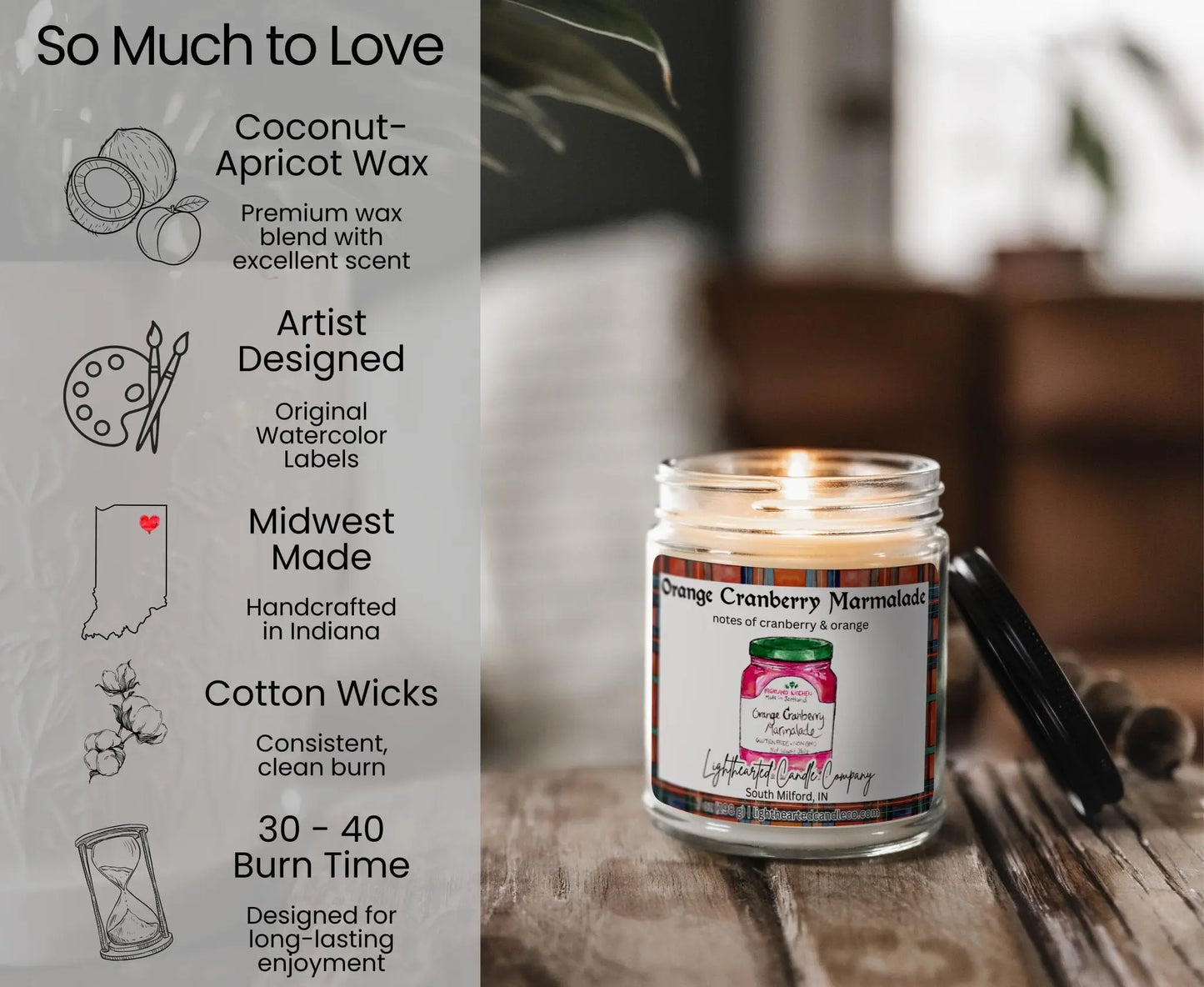 Orange Cranberry Marmalade Candle features: coconut-apricot wax, cotton wick, original art, Midwest made and 30–40 hour burn