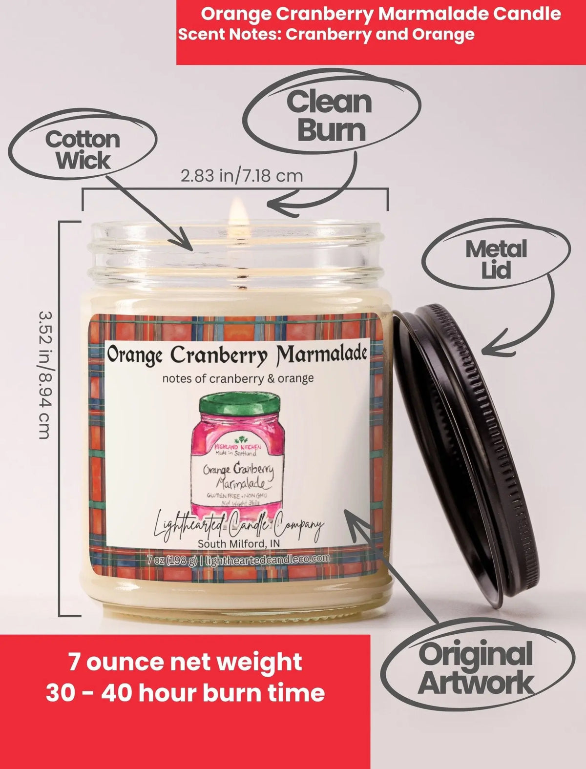 Orange Cranberry Marmalade Candle specs: 7 oz, cotton wick, metal lid, original art and 30–40 hour burn