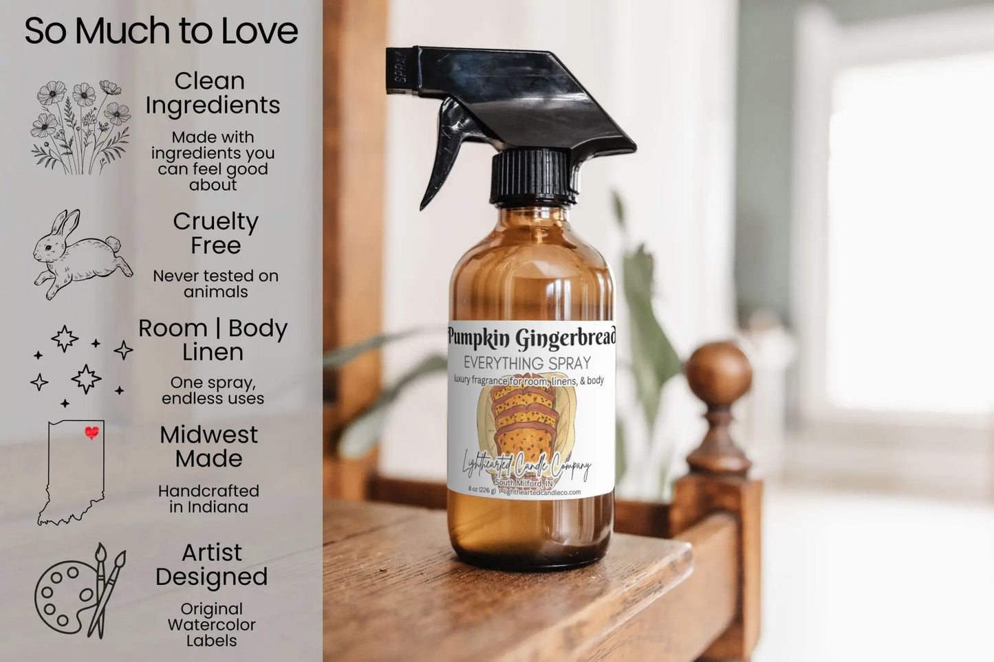 Pumpkin Gingerbread Everything Spray features: clean ingredients, cruelty-free, room/body/linen use and Midwest-made art