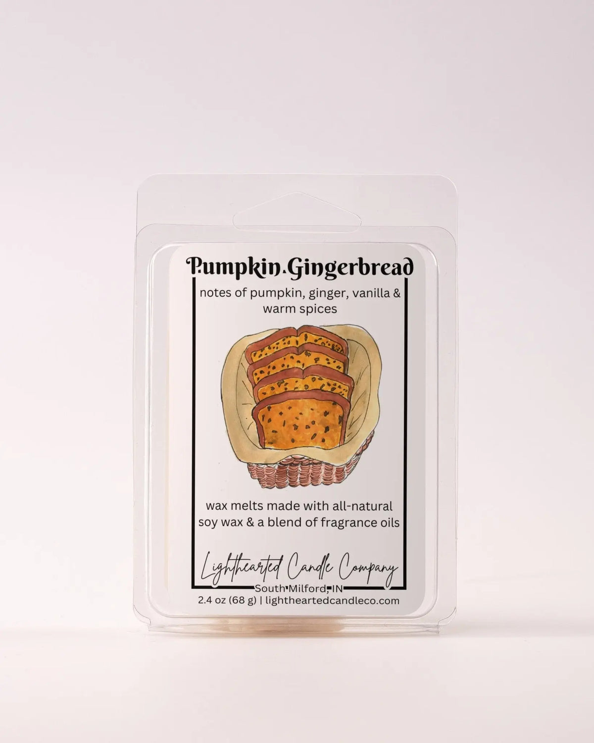 Single Pumpkin Gingerbread Wax Melt 2.4 oz clamshell on a pale background