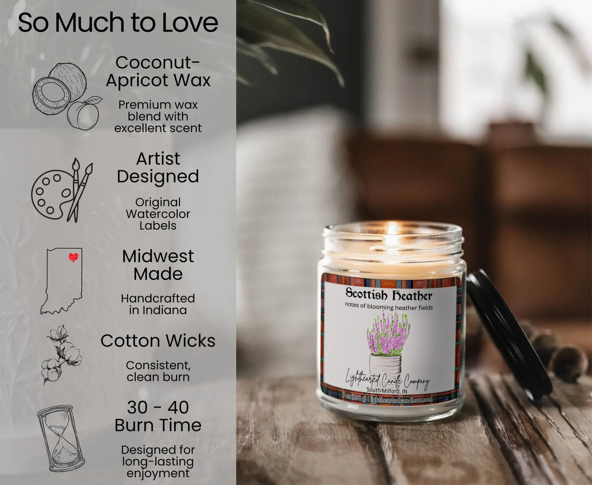 Scottish Heather Candle features: coconut-apricot wax, cotton wick, original art, Midwest made and 30–40 hour burn