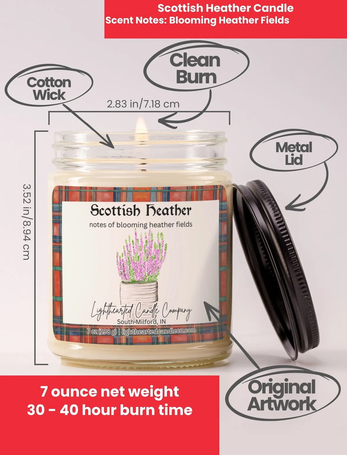 Scottish Heather Candle specs: 7 oz, cotton wick, metal lid, original art and 30–40 hour burn