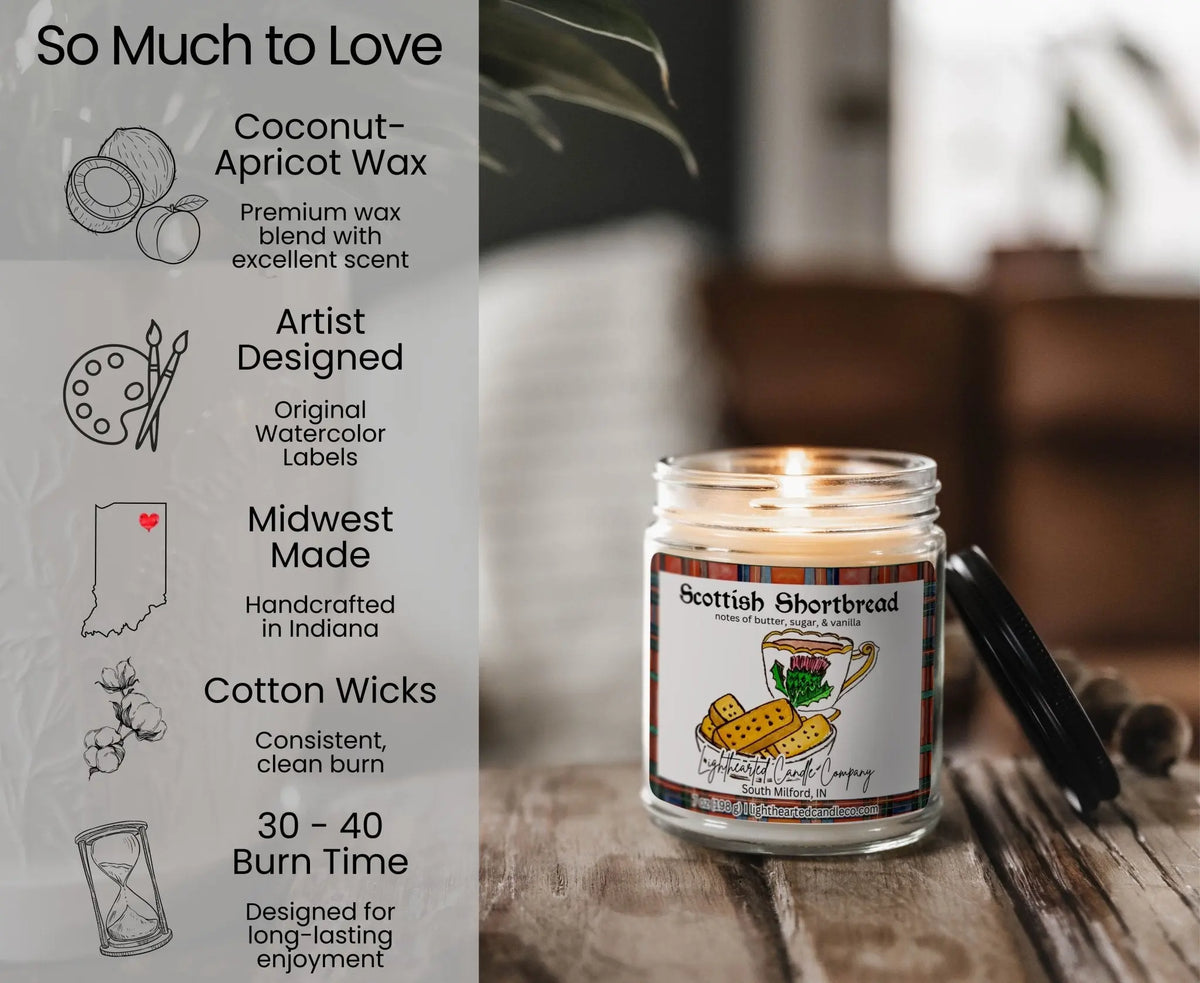 Scottish Shortbread Candle features: coconut-apricot wax, cotton wick, original art, Midwest made and 30–40 hour burn