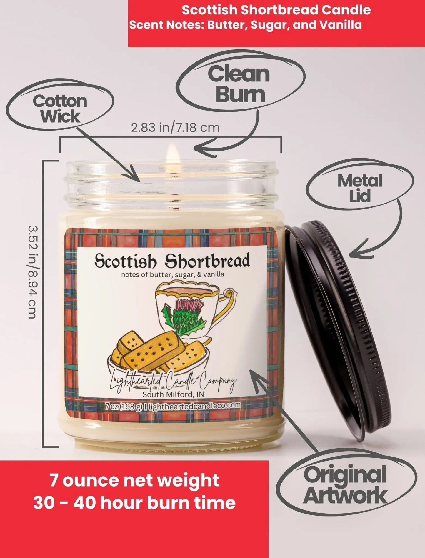 Scottish Shortbread Candle specs: 7 oz, cotton wick, metal lid, original art and 30–40 hour burn