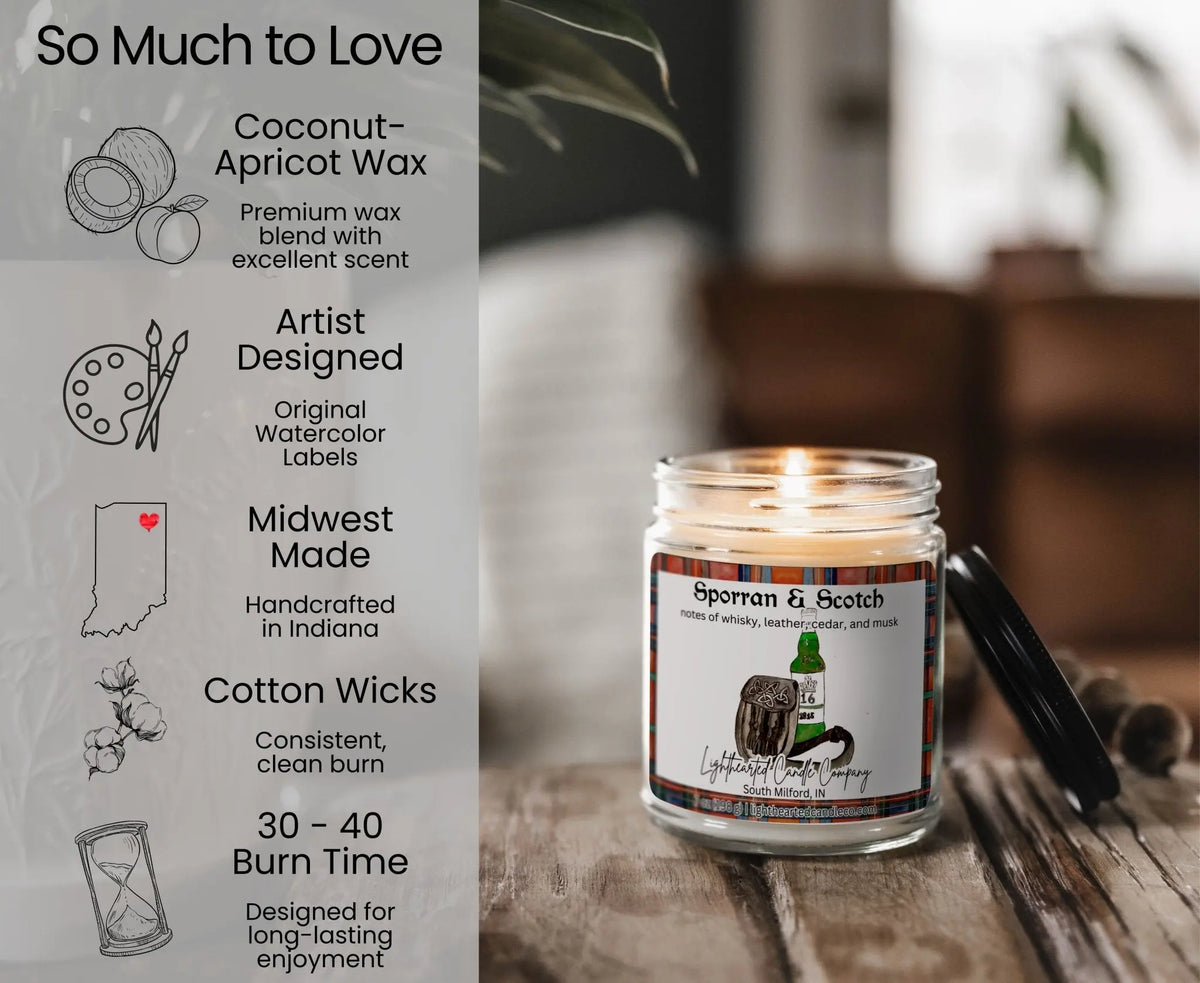 Sporran & Scotch Candle features: coconut-apricot wax, cotton wick, original art, Midwest made and 30–40 hour burn