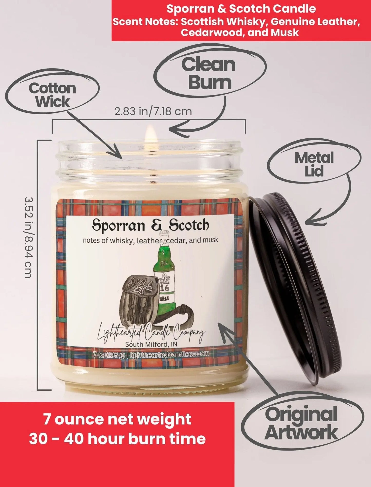 Sporran & Scotch Candle specs: 7 oz, cotton wick, metal lid, original art and 30–40 hour burn