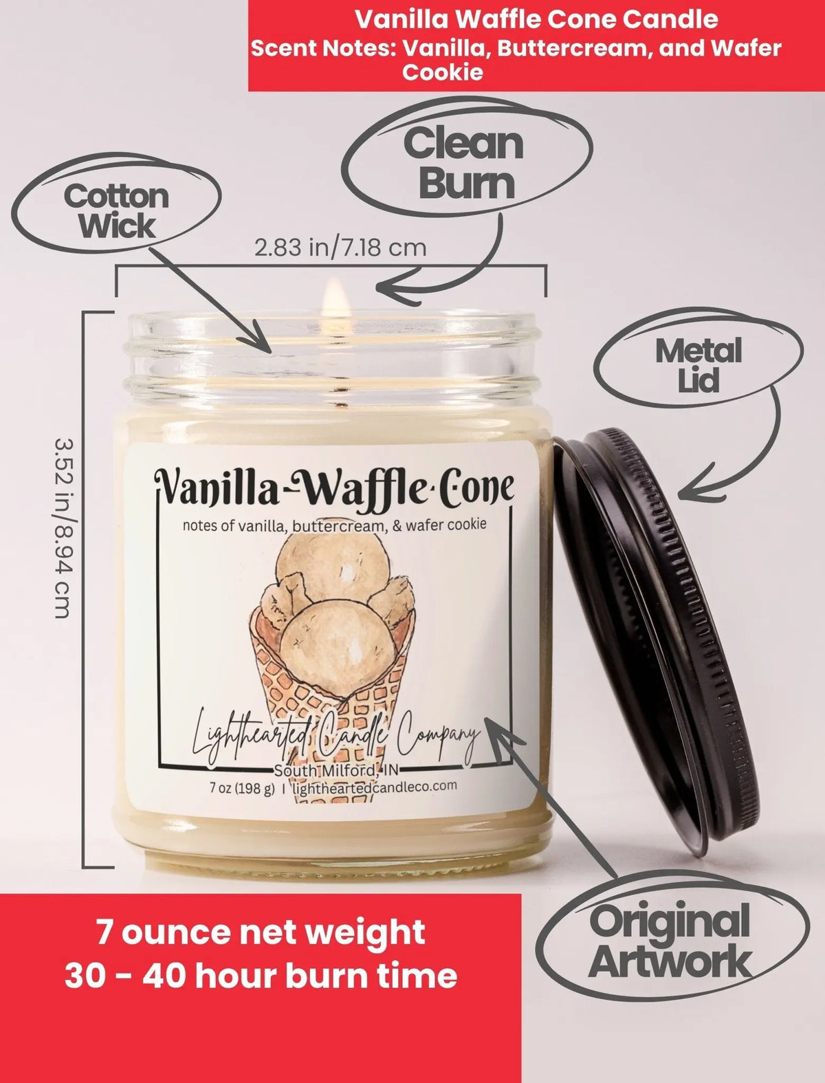 Vanilla Waffle Cone Candle specs: 7 oz, cotton wick, metal lid, original art and 30–40 hour burn