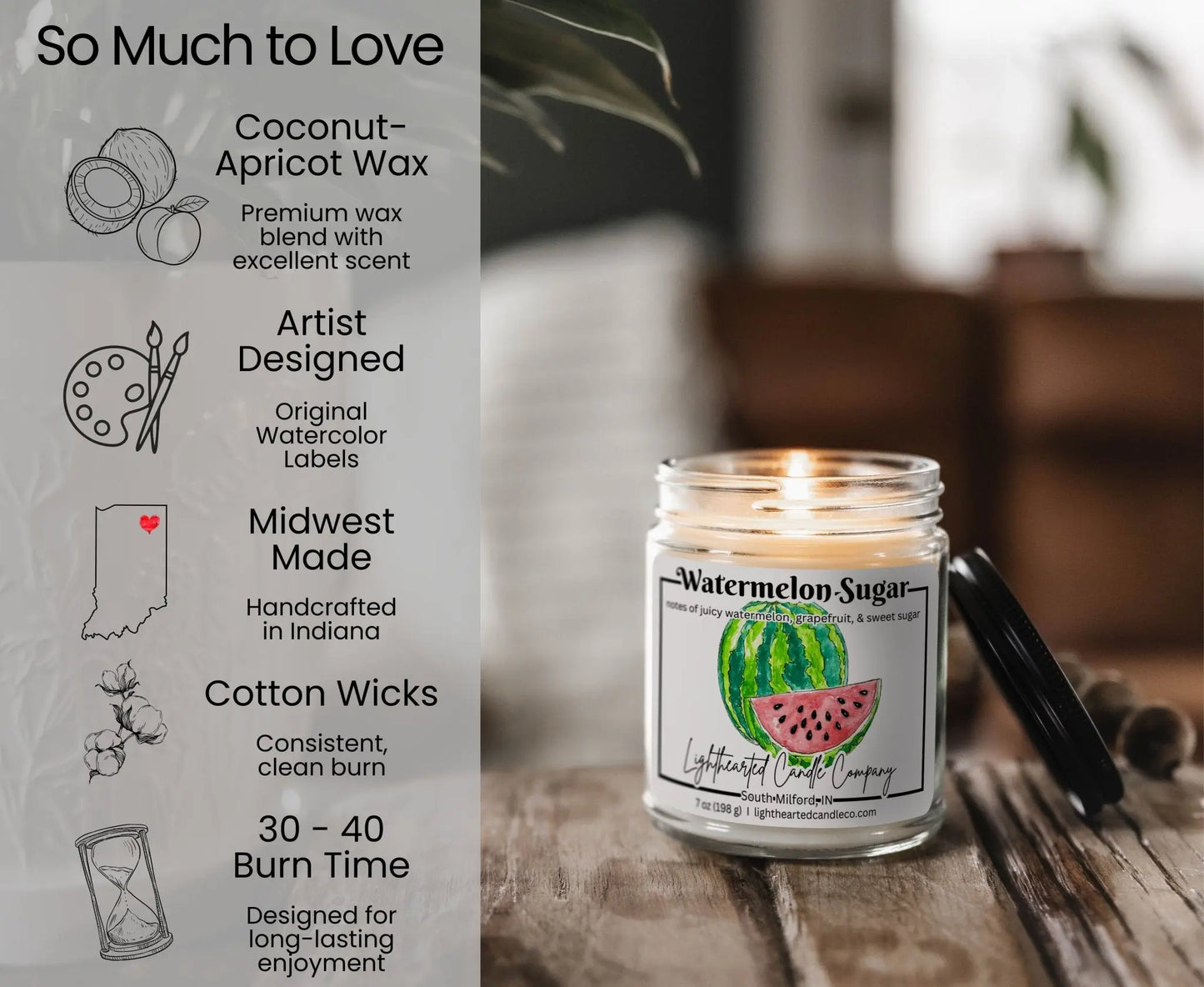 Watermelon Sugar Candle features: coconut-apricot wax, cotton wick, original art, Midwest made and 30–40 hour burn