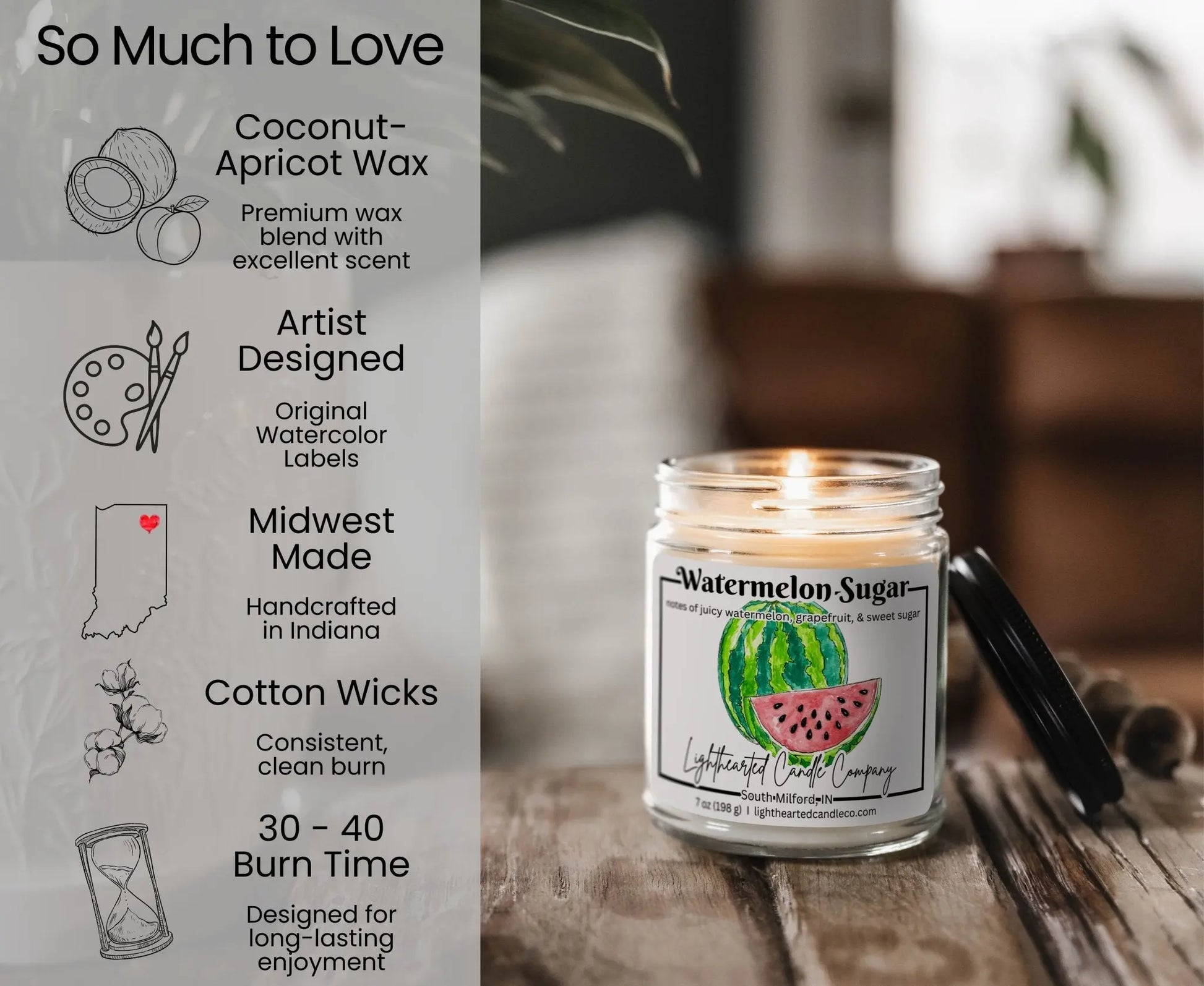 Watermelon Sugar Candle features: coconut-apricot wax, cotton wick, original art, Midwest made and 30–40 hour burn