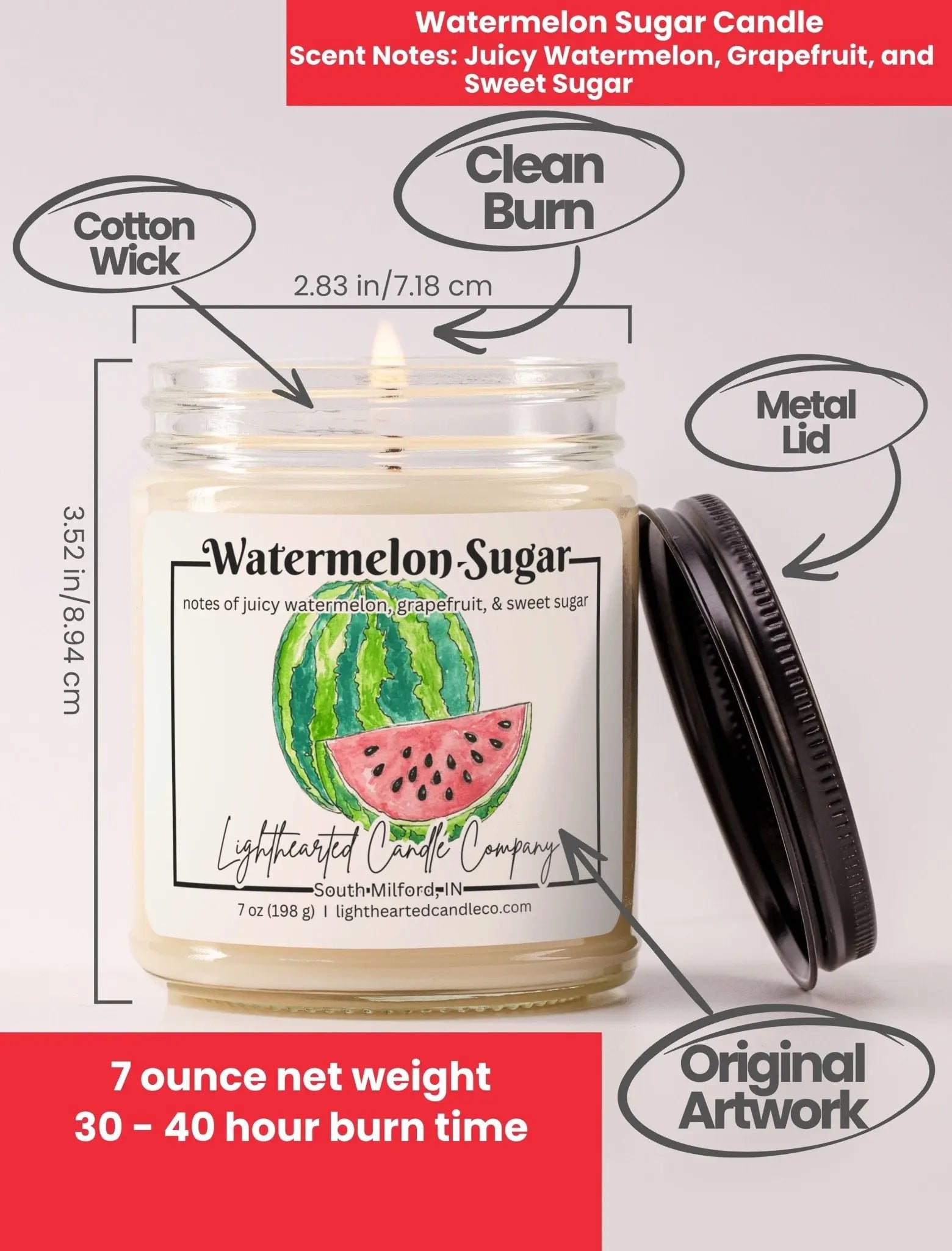 Watermelon Sugar Candle specs: 7 oz, cotton wick, metal lid, original art and 30–40 hour burn