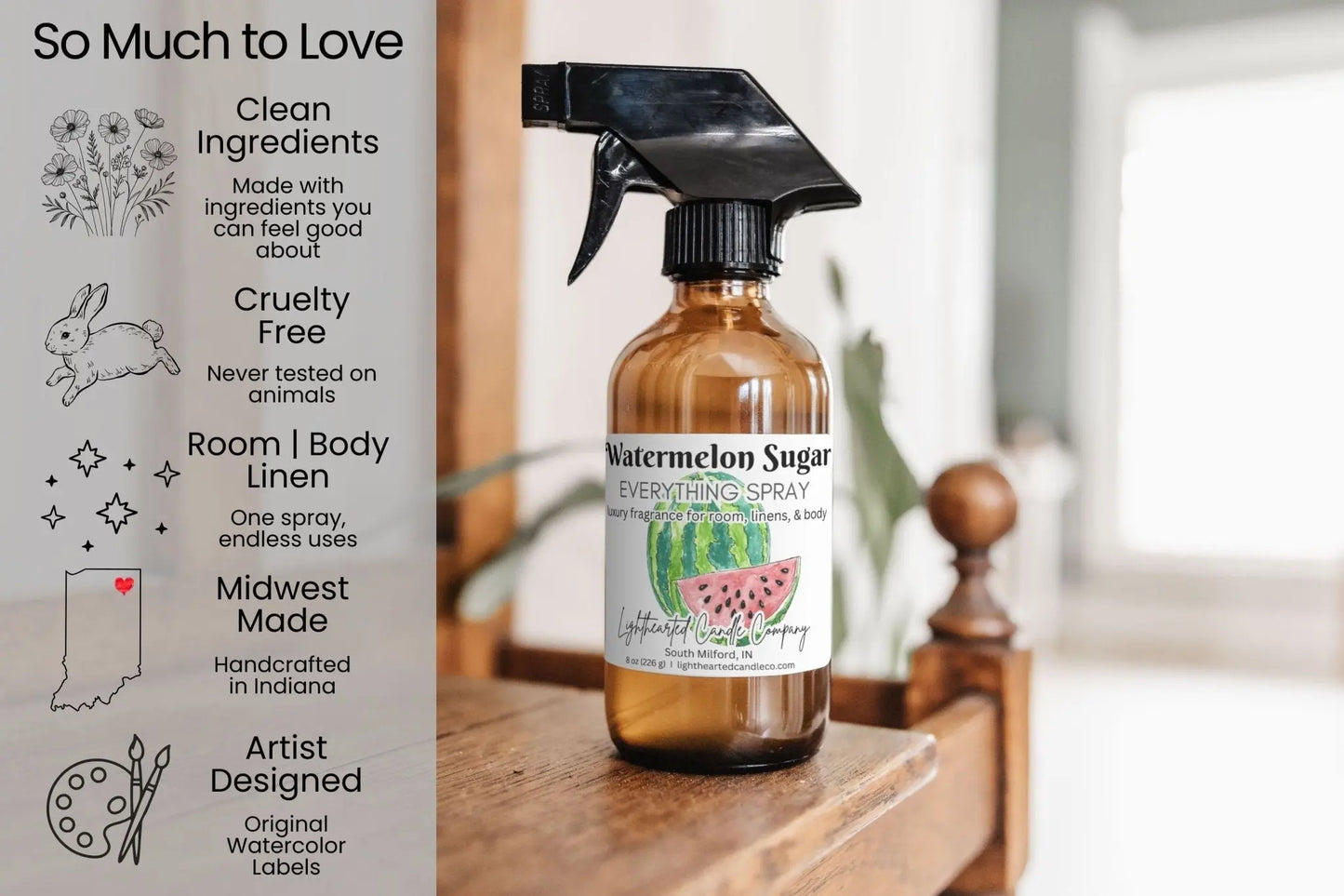 Watermelon Sugar Everything Spray features: clean ingredients, cruelty-free, room/body/linen use and Midwest-made art