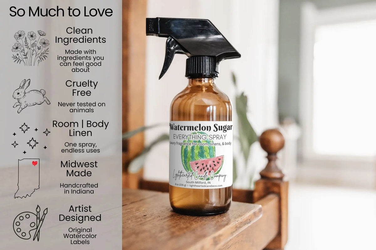 Watermelon Sugar Everything Spray features: clean ingredients, cruelty-free, room/body/linen use and Midwest-made art